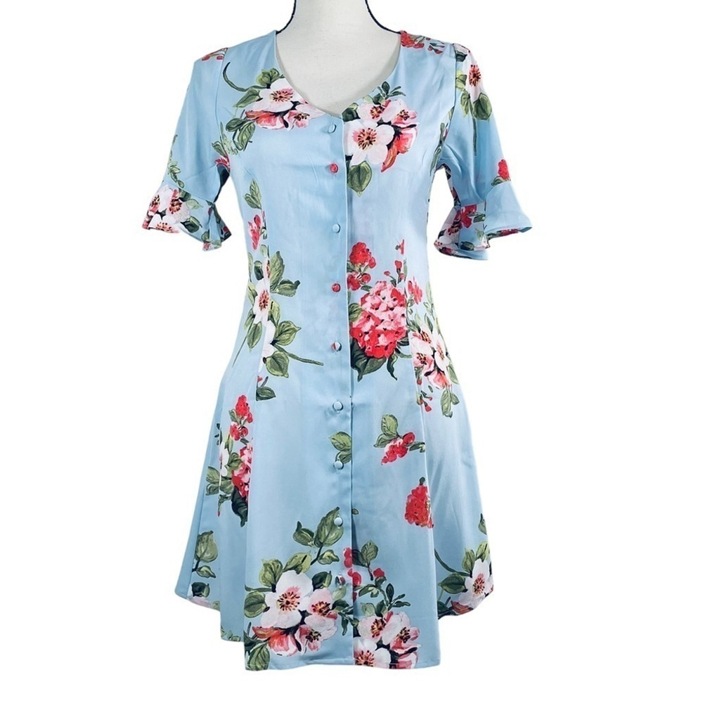 MINE Baby Blue Floral Short Sleeve Button Down Dress
